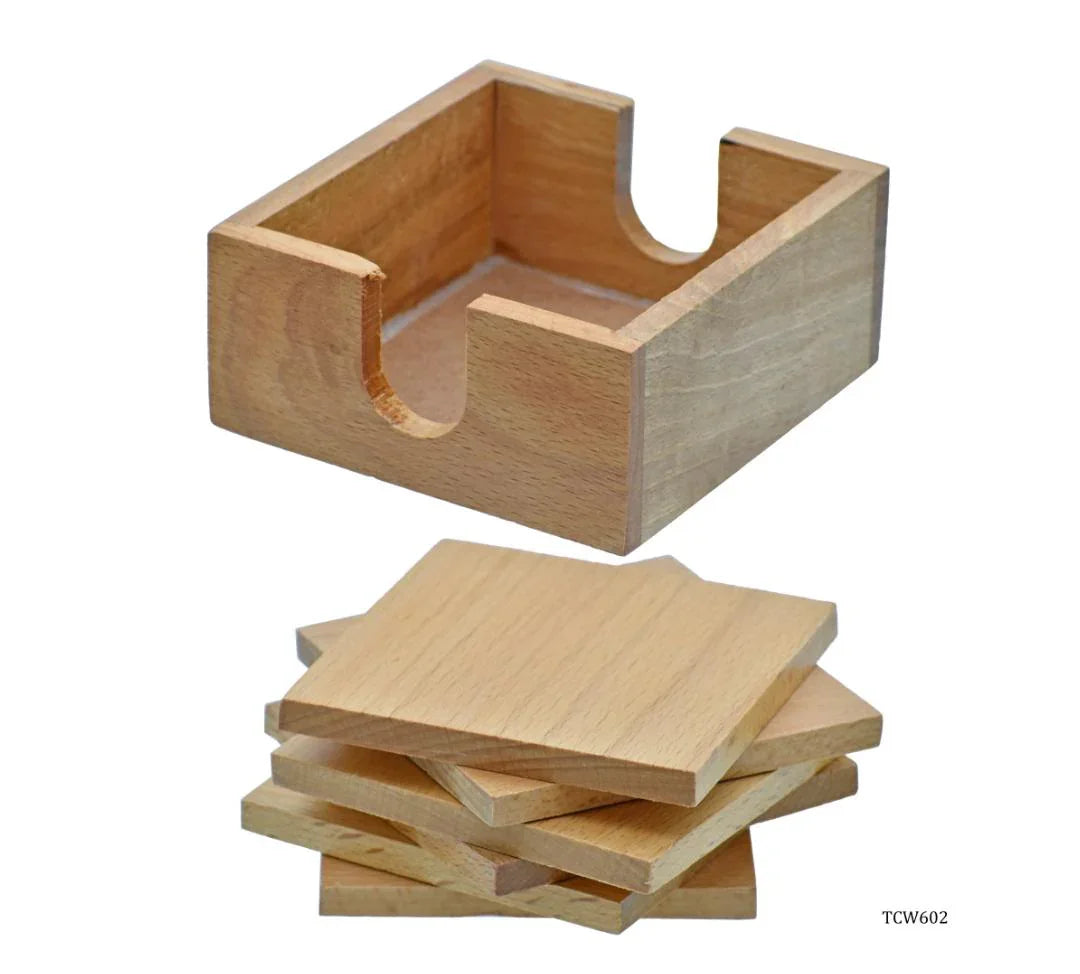 Wooden Tea Coaster Set – 6 Square Pieces with Holder
