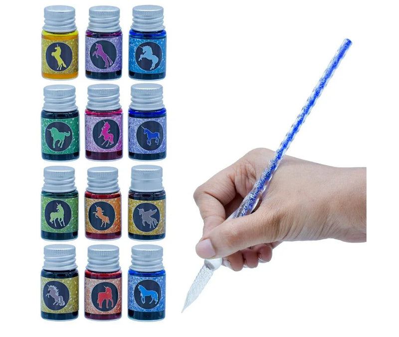 Premium Crystal Fountain Pen Gift Box with 12 Ink Bottles