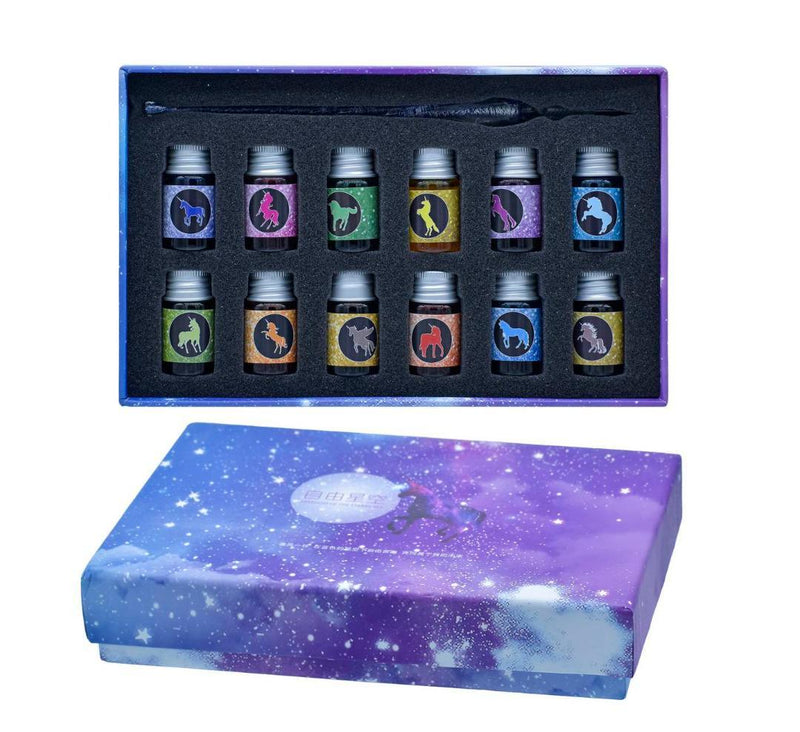 Premium Crystal Fountain Pen Gift Box with 12 Ink Bottles