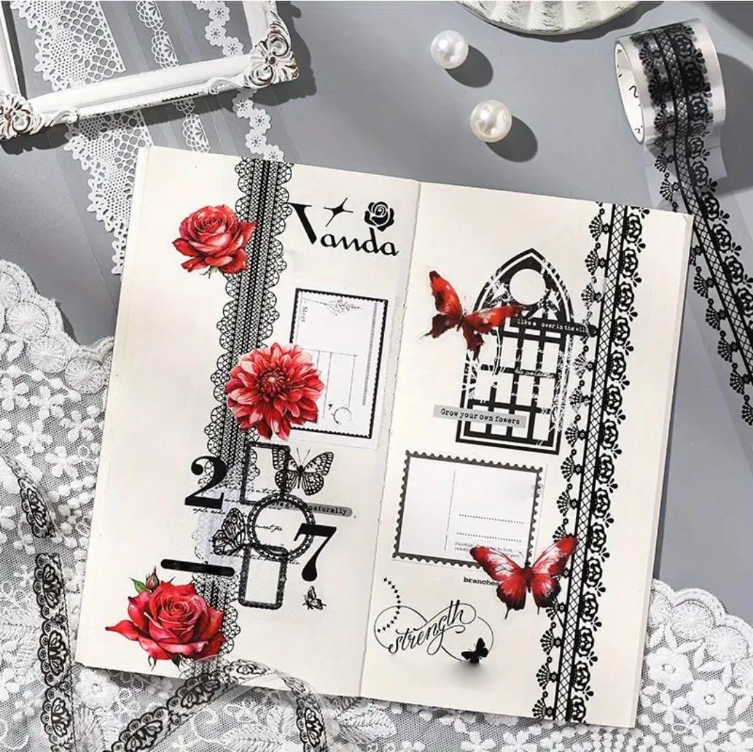 (Buy 1 Get 1 free ) Premium Black & White lace  Sticker Roll - 1 Roll of Adorable Journaling and Decorative Craft Stickers