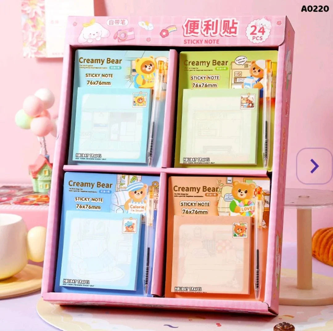 Cute creamy bear with mini pen sticky notes 3x3 l Pack of 1 contains 60 sheets