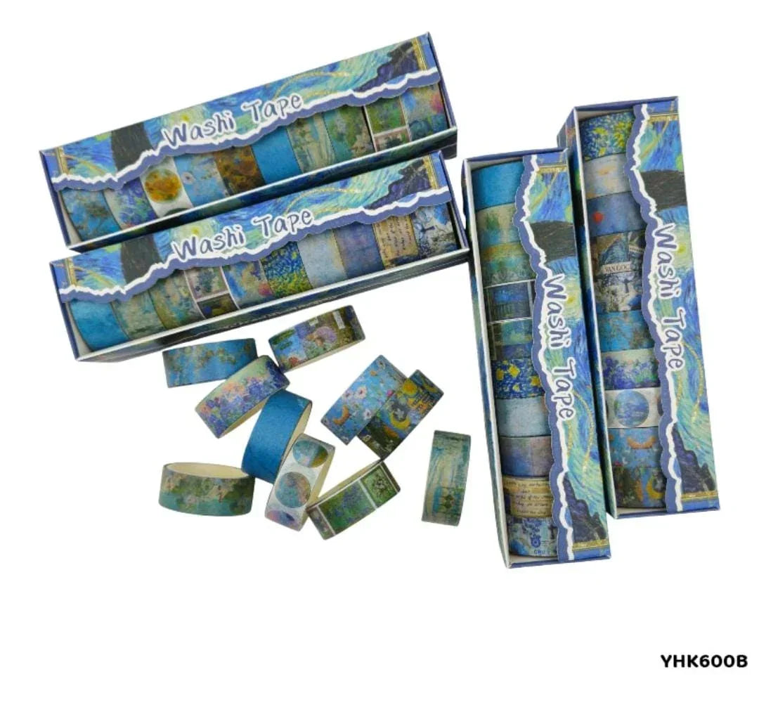 Washi tape set with colorful packaging on a white background