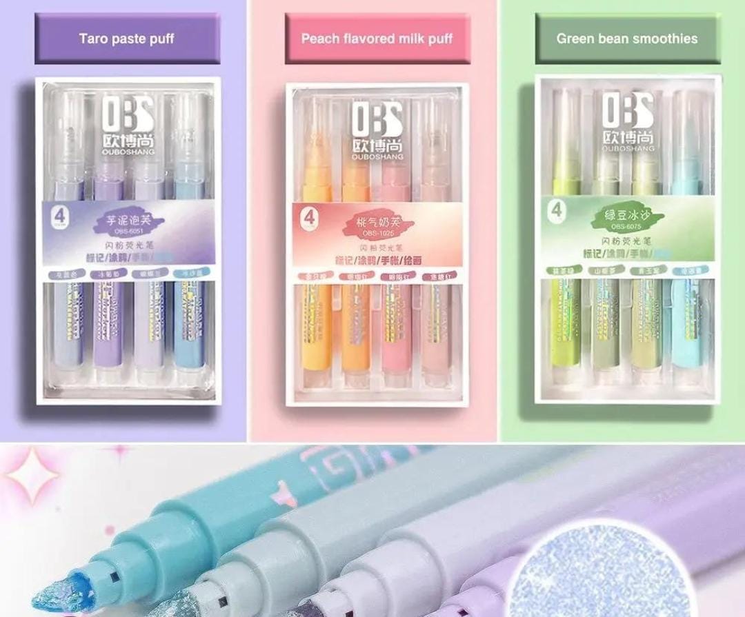 Glittery Dreamy Pastel highlighter (Pack of 4 HIGHLIGHTERS) I Gradual toned Highlighters I Pastel Mildliners