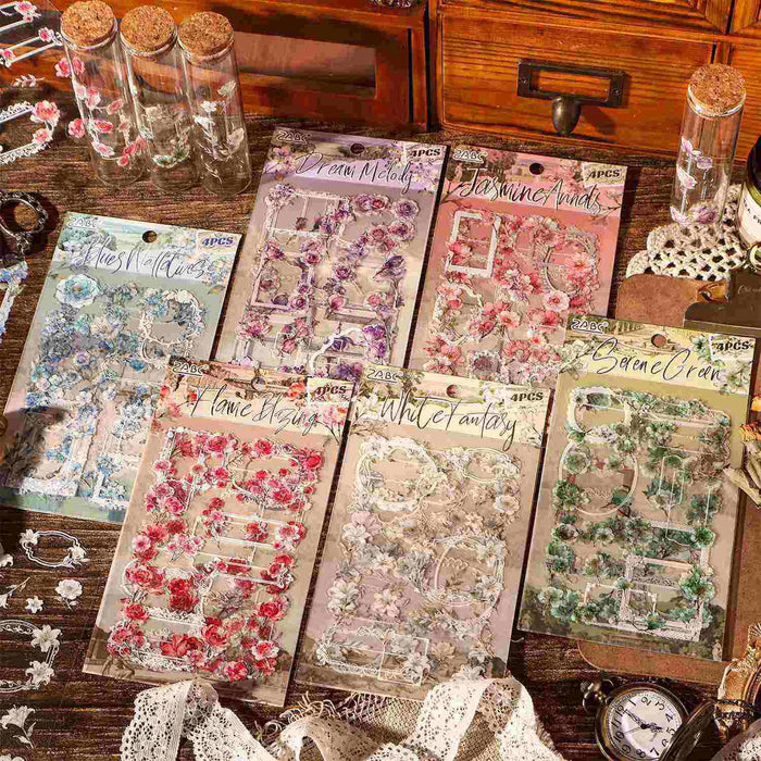 (Buy 1 Get 1 Free) Cute Premium floral frame Journaling Stickers | Pack of 1 contains 4 sheets