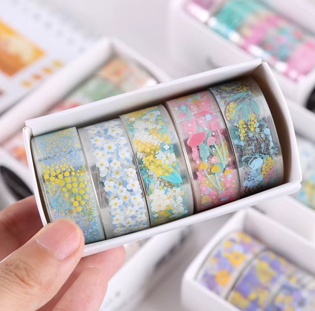 Aesthetic Pastel Floral Transparent Washi Tape roll  | Assorted color | Pack of 1 contains 5 washi tape