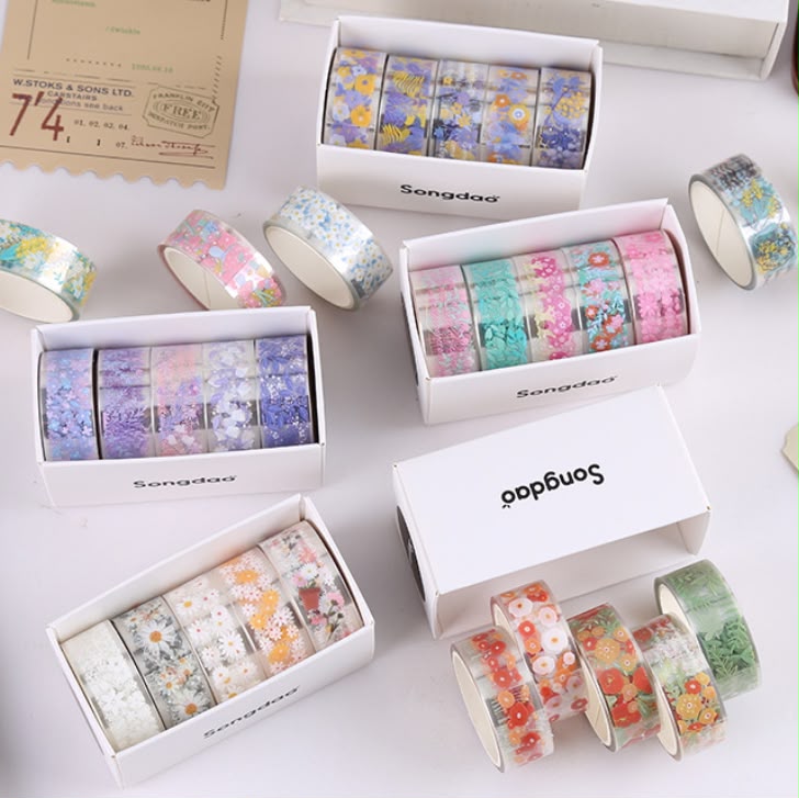 Aesthetic Pastel Floral Transparent Washi Tape roll | Assorted color | Pack of 1 contains 5 washi tape