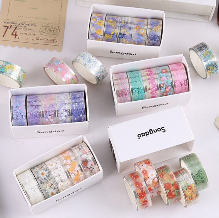 Aesthetic Pastel Floral Transparent Washi Tape roll  | Assorted color | Pack of 1 contains 5 washi tape