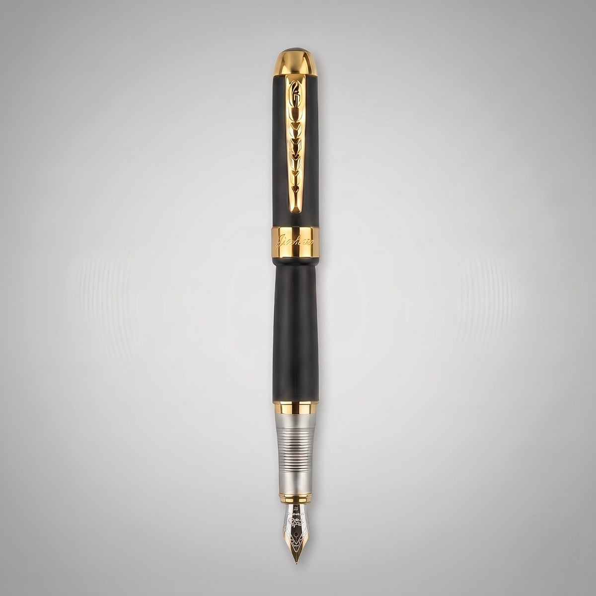 Jinhao Fountain Pen – Matte Black & Gold, Fine Nib, Laurel-Engraved Clip, Business Gift Pen