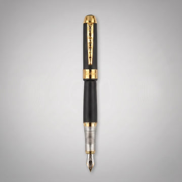 Jinhao Fountain Pen – Matte Black & Gold, Fine Nib, Laurel-Engraved Clip, Business Gift Pen