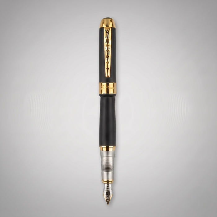 Jinhao Fountain Pen – Matte Black & Gold, Fine Nib, Laurel-Engraved Clip, Business Gift Pen