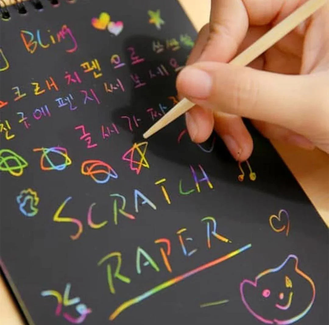 (Buy 1 Get 1 FREE) A6 Scratch Book -(A Book of 10 Sheets Kids Painting Set Scratch Paper Colourful Magic Scratch Art Painting Paper with Drawing Stick Baby Playing Toys