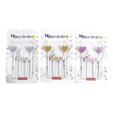 3pc heart glitter love candles | romantic ambiance & sparkle | assorted color