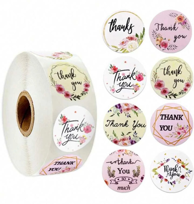 (JUMBO ROLL) Floral Thank You labels for Gifting and other art work (500 Labels) 1inch