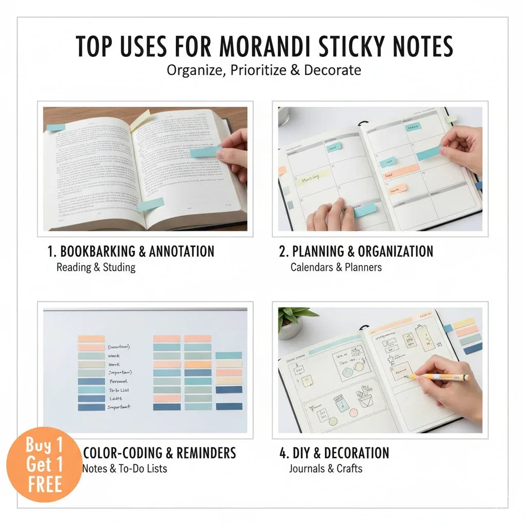 A colorful set of sticky notes, perfect for journalling, bullet journaling, and organization. The notes come in a variety of sizes and colors and feature a strong adhesive backing. They are a stylish and functional addition to any workspace or desk.