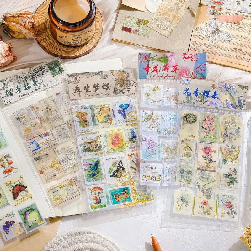 ( Buy 1 Get 1 Free ) Vintage Botanical Postage Stamp Stickers l Pack of 1 contains 2 sheets