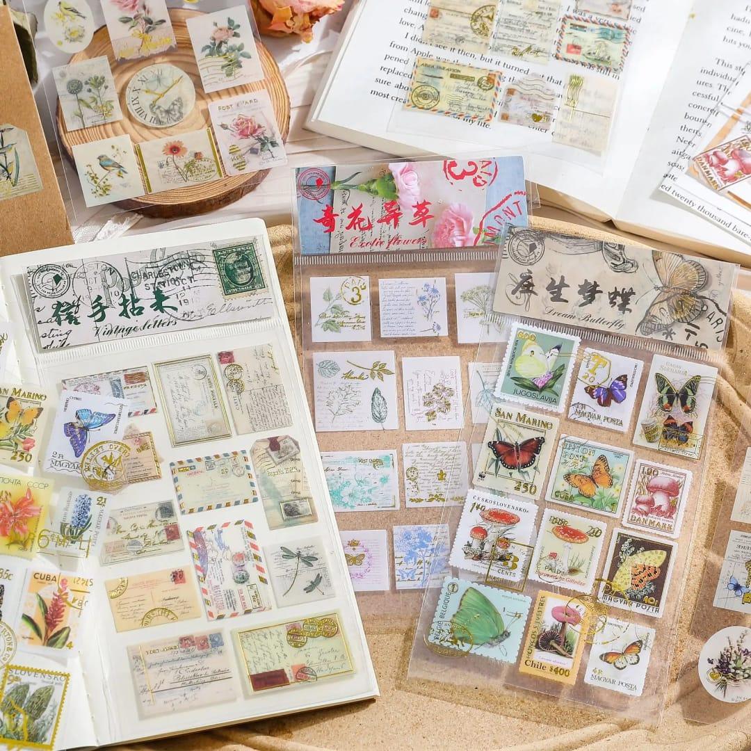 ( Buy 1 Get 1 Free ) Vintage Botanical Postage Stamp Stickers l Pack of 1 contains 2 sheets