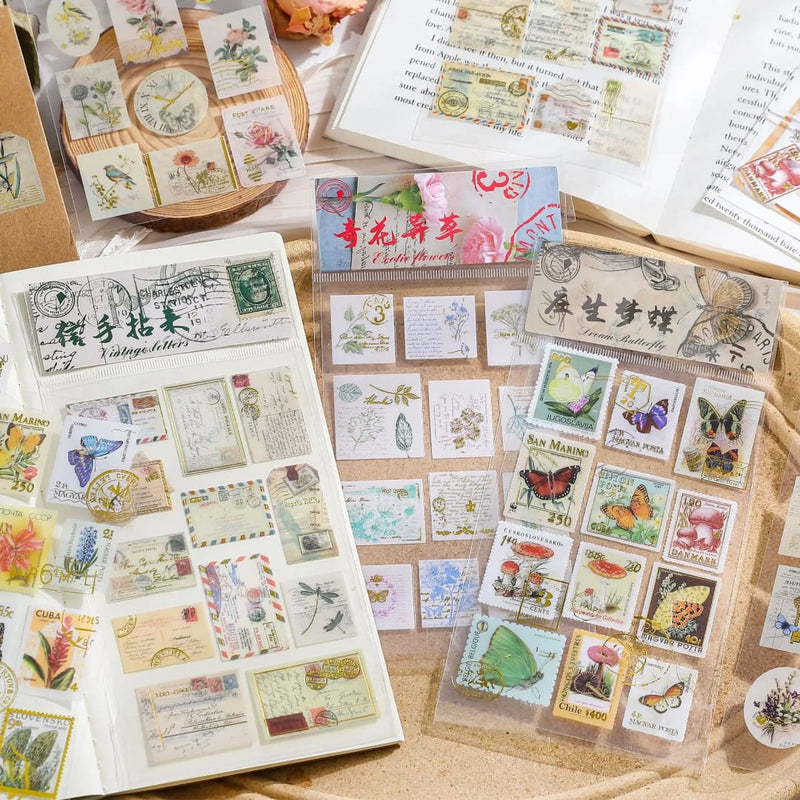 ( Buy 1 Get 1 Free ) Vintage Botanical Postage Stamp Stickers l Pack of 1 contains 2 sheets