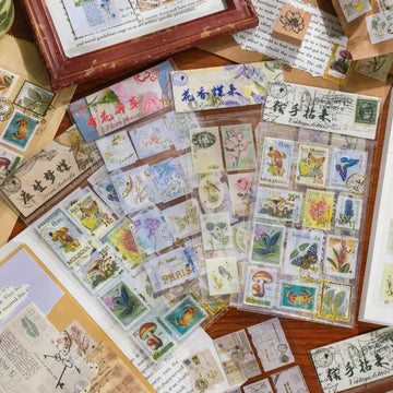 ( Buy 1 Get 1 Free ) Vintage Botanical Postage Stamp Stickers l Pack of 1 contains 2 sheets