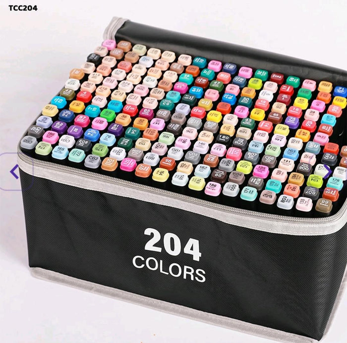 Professional Alcohol Dual-Tip Markers - 204 Vibrant Colors in Black Pouch