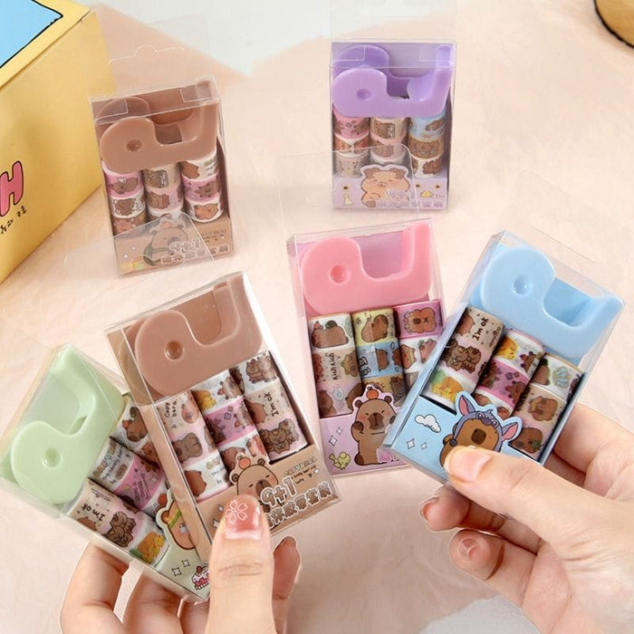 Cute Capybara Mini washi tape with mini dispenser l Pack of contains 9 washi tape & 1 dispenser