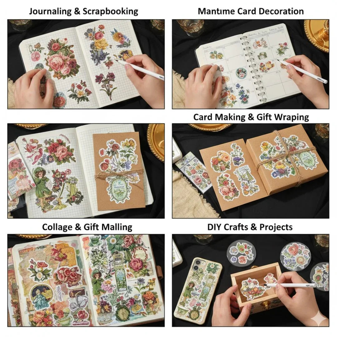 Journaling sticker retro type of floral theme Sheet (Pack of 6 sheets)