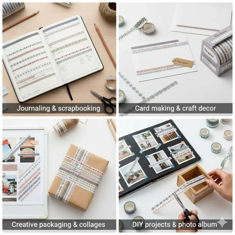 Premium Border Printed Washi Tape | Pack of 10 for Journaling