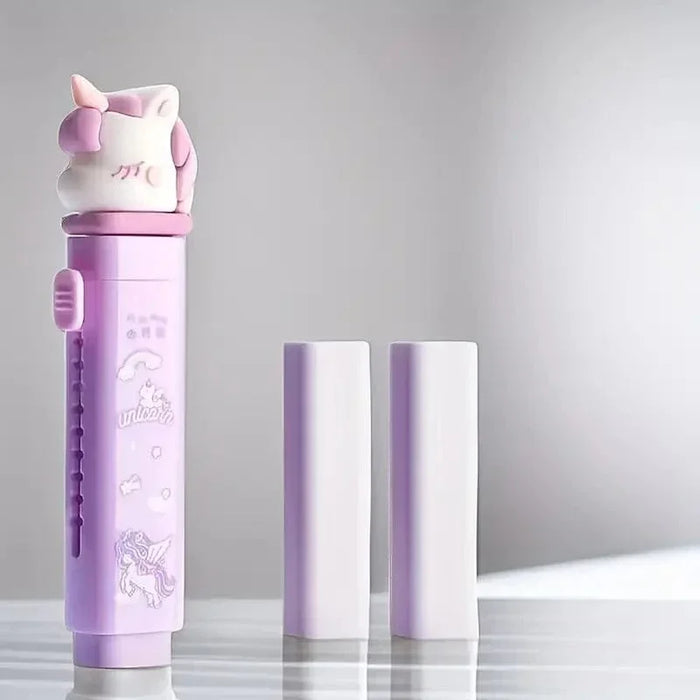 (Buy 1 Get 1 free)Lilac unicorn Pushpull Mechanical Rubbers with 1 Pcs Refill Erasers for Kids Students, Stationery Gift for Kids, Return Gift for Kids (assorted Colour )