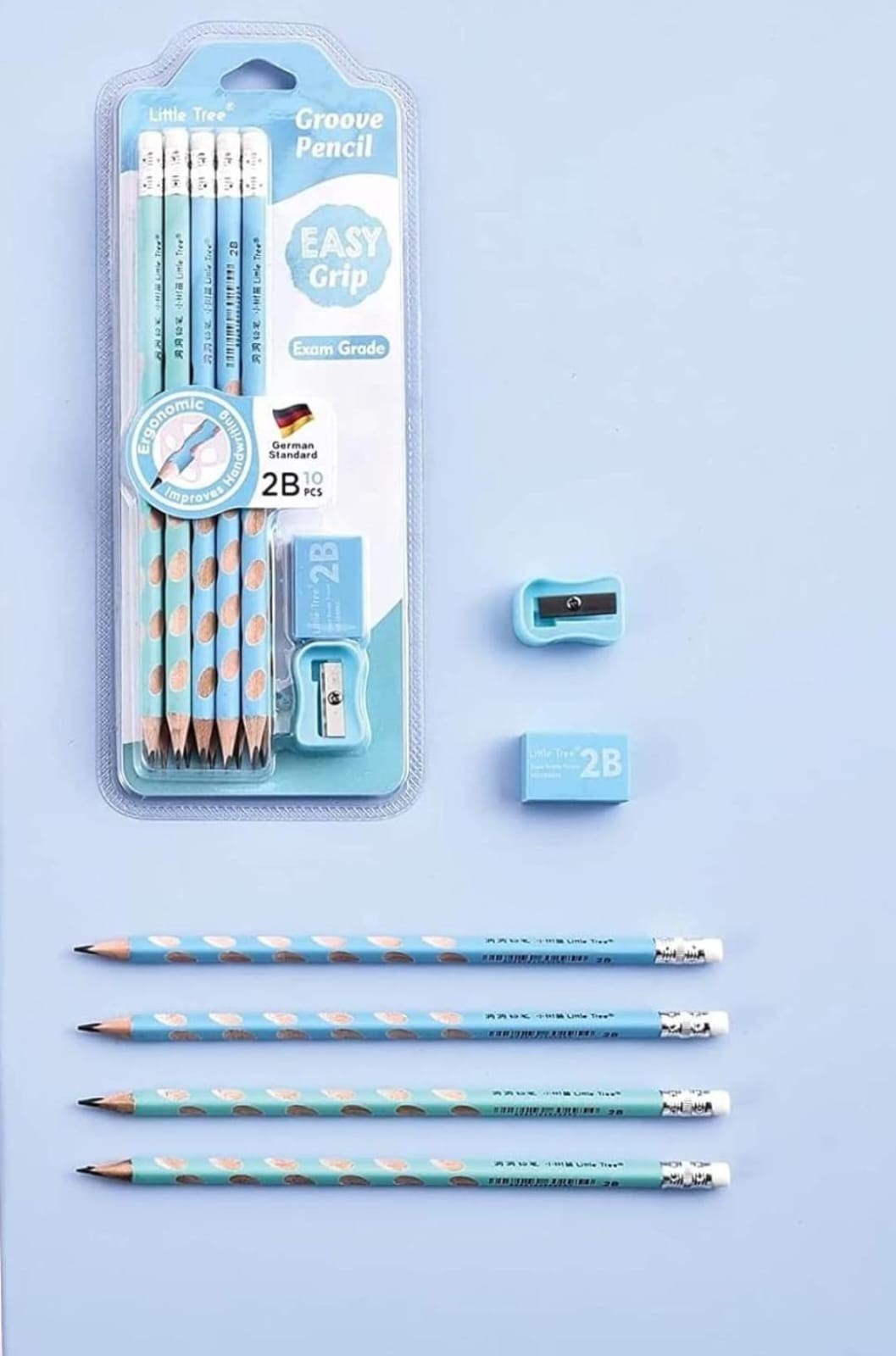 Bright International Stationery Little Tree Wooden Groove Rubber-Tipped Pencil Set - Eraser and Sharpener Included | Slim Triangle HB Pencil | Stationery Set (Pack of 10)