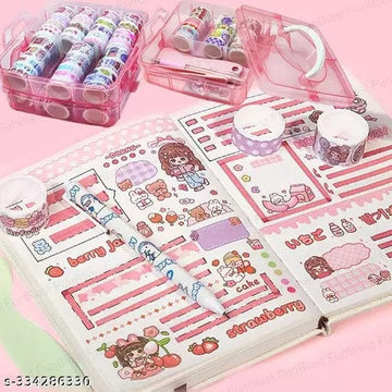 Washi Tape Set - 100 Pcs Designer Decorative Gift Packing Tape Masking Tapes with 20 Pcs Kawaii Stickers, Tweezer, Pen and Spatula in 3 Layer Box, Tapes for Art & Craft (Pink Color Box)