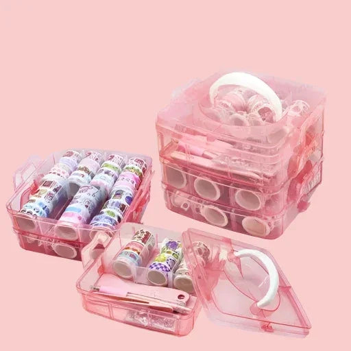 Washi Tape Set - 100 Pcs Designer Decorative Gift Packing Tape Masking Tapes with 20 Pcs Kawaii Stickers, Tweezer, Pen and Spatula in 3 Layer Box, Tapes for Art & Craft (Pink Colour  Box)