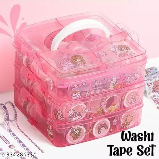 Bright International Washi Tape Set - 100 Pcs Designer Decorative Gift Packing Tape Masking Tapes with 20 Pcs Kawaii Stickers, Tweezer, Pen and Spatula in 3 Layer Box, Tapes for Art & Craft (Pink Color Box)
