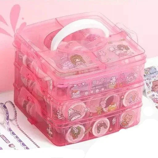 Bright International Washi Tape Set - 100 Pcs Designer Decorative Gift Packing Tape Masking Tapes with 20 Pcs Kawaii Stickers, Tweezer, Pen and Spatula in 3 Layer Box, Tapes for Art & Craft (Pink Color Box)