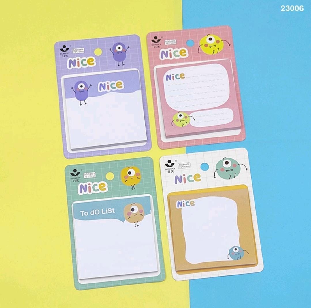 Image of a colorful Kawaii sticky notepad with various designs, showing its compatibility with different pens and durable, ink-resistant paper.