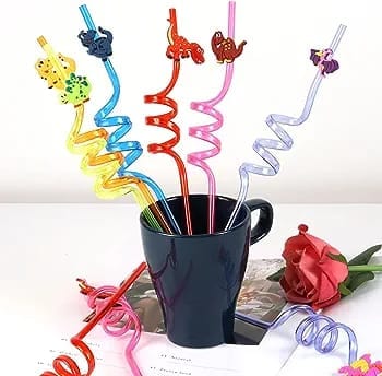 crystal Toys Cartoon Reusable Spiral Straw Pack of 4 - Color May Vary | Eco-Friendly and Fun Straws- Assorted designs
