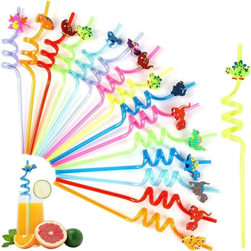 crystal Toys Cartoon Reusable Spiral Straw Pack of 4 - Color May Vary | Eco-Friendly and Fun Straws- Assorted designs