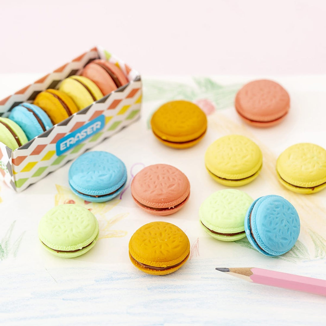 Cute macaron packet of 5 pastel Erasers - Pack of 1 packet for Return Gifting