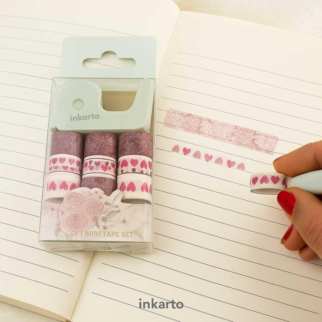 Cute heart Mini washi tape with mini dispenser l Pack of contains 9 washi tape & 1 dispenser