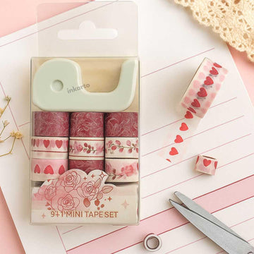 Cute heart Mini washi tape with mini dispenser l Pack of contains 9 washi tape & 1 dispenser