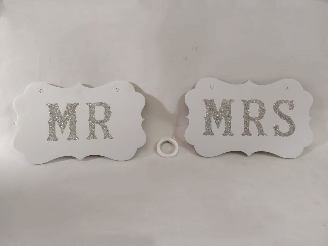 Inkarto Decoration Supplies Mr Mrs white banner with silver letters ribbon included  size-23x15x0.4 cm