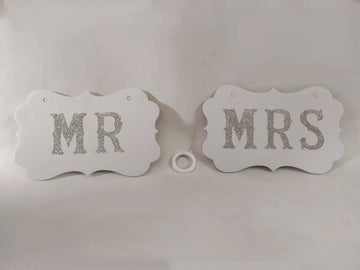 Mr Mrs white banner with silver letters ribbon included  size-23x15x0.4 cm
