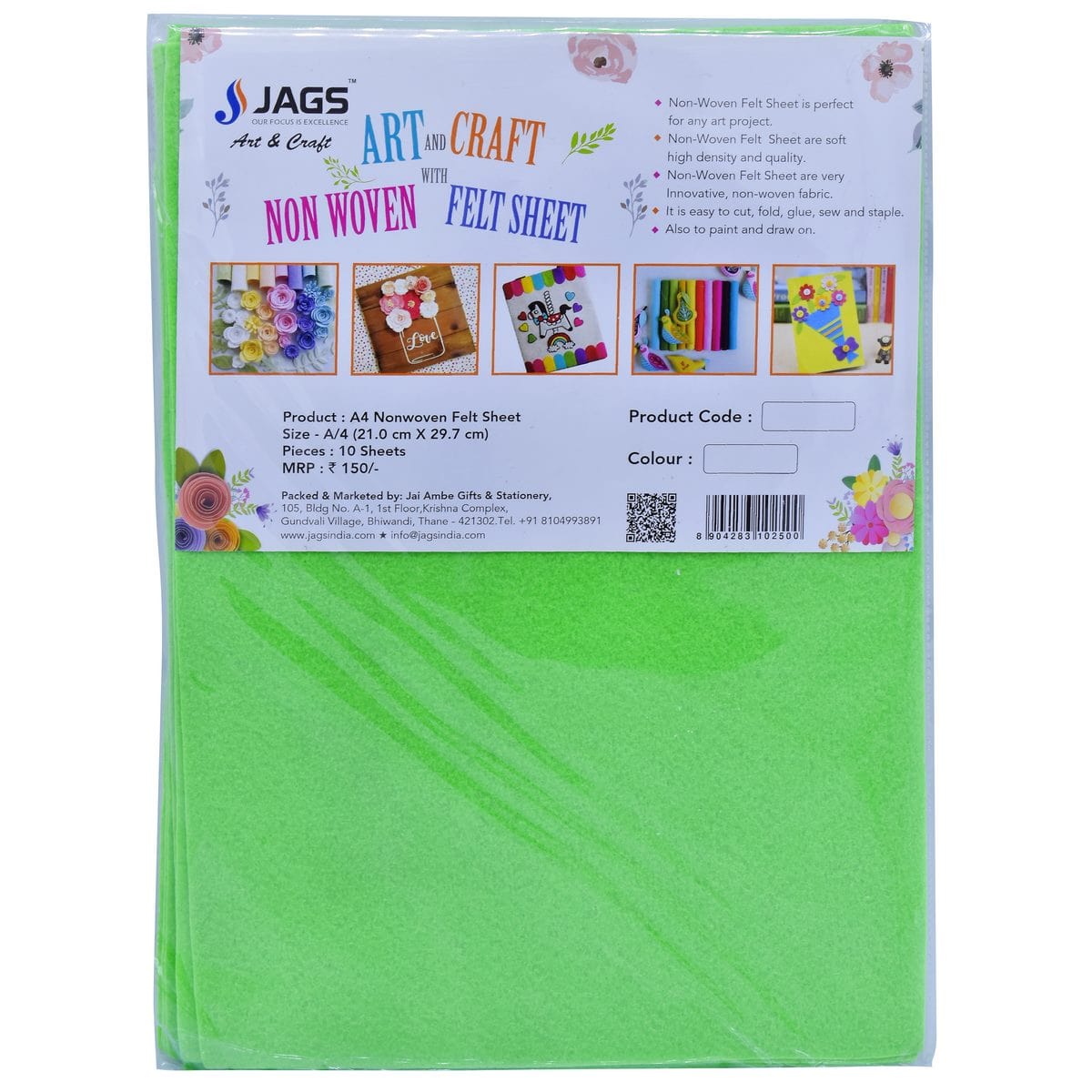 jags-mumbai 1 Felt Paper A4 Nonwoven Felt Sheet Light Green A4LGN102