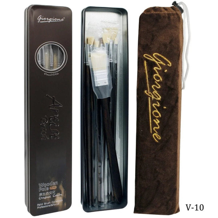 Artist Brush Set with Wooden Poles – 10 Pcs with Metal Storage Box & Velvet Pouch | V-10