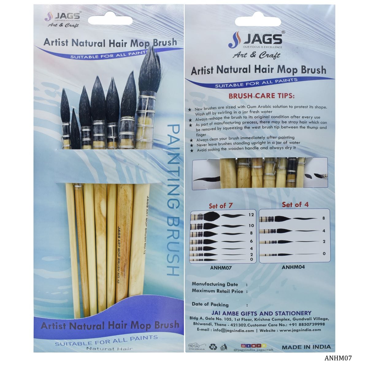 jags-mumbai Brush Artist Hair Mop Brush Set of 7Pcs - Premium Brushes for Soft Blending and Wash Techniques