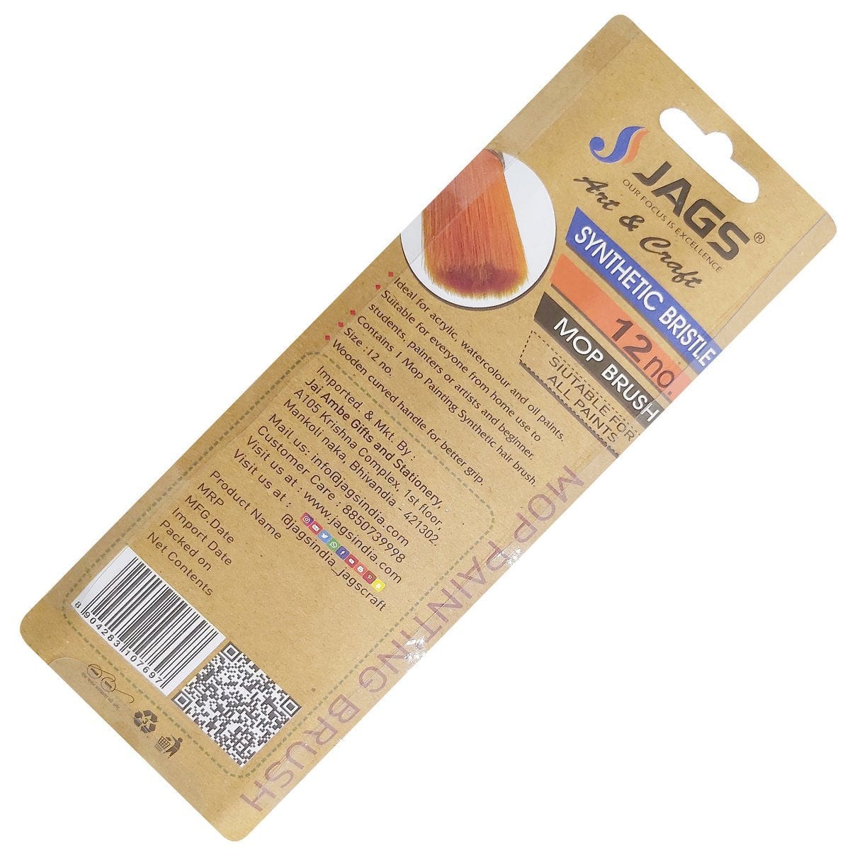 jags-mumbai Brush Jags Mop Painting Brush Synthetic Hair No12 - Large Brush for Bold and Expressive Artworks