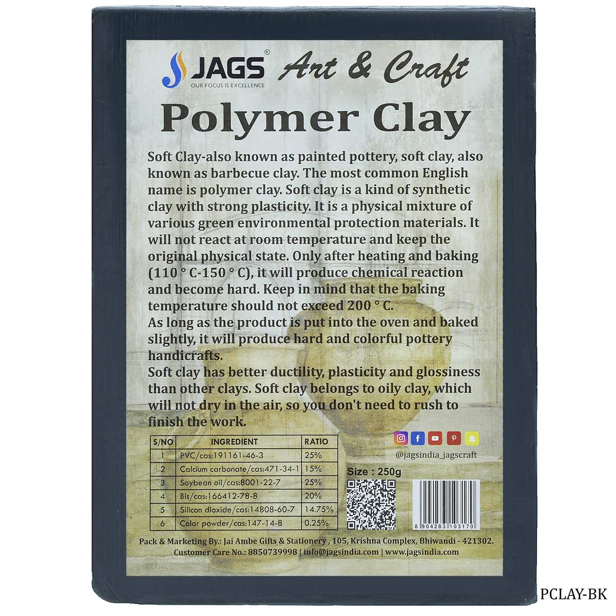 jags-mumbai Clay Polymer Clay 250gm Black  PCLAY-BK