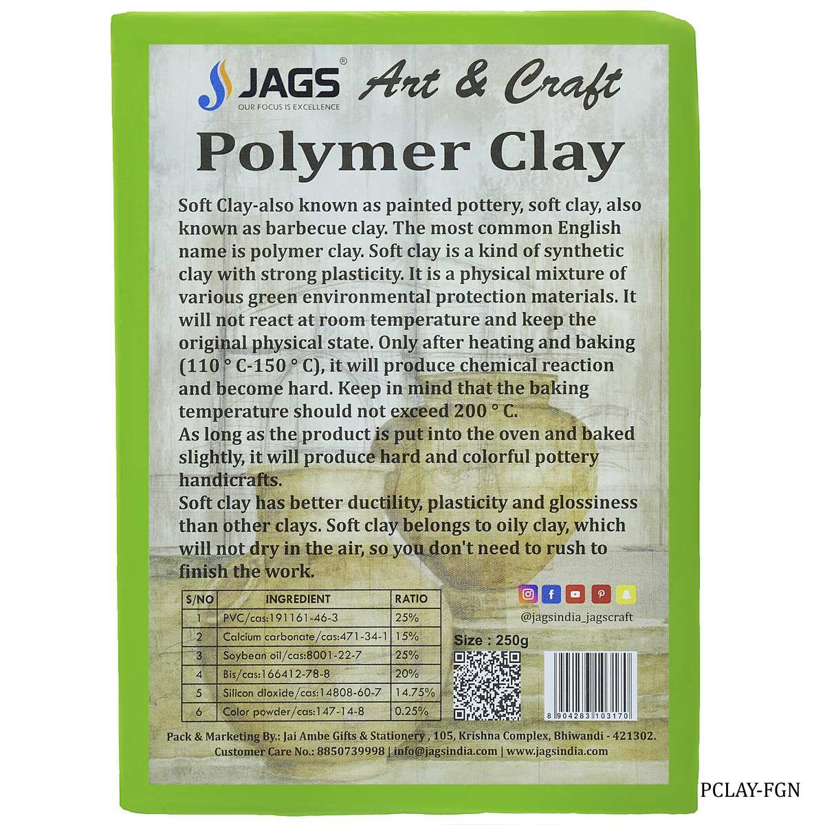 jags-mumbai Clay Polymer Clay 250gm Fluorescent Green PCLAY-FGN