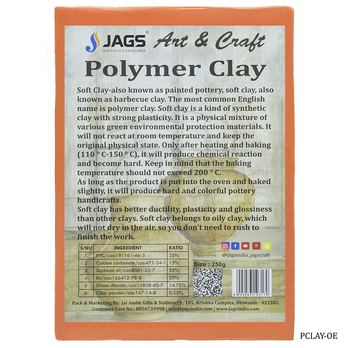 jags-mumbai Clay Polymer Clay 250gm Orange PCLAY-OE