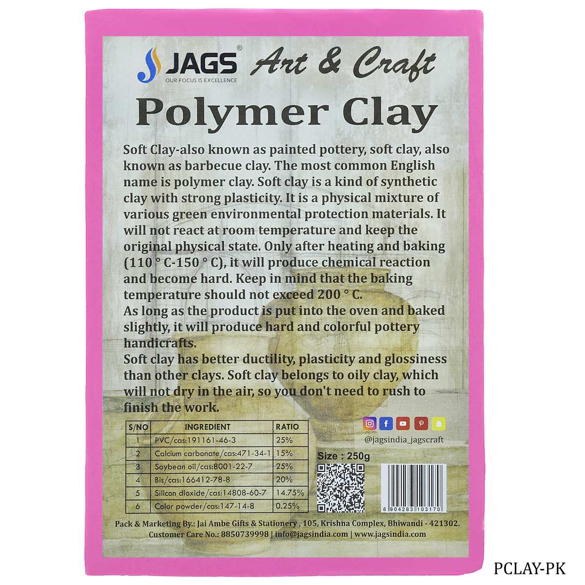 jags-mumbai Clay Polymer Clay 250gm Pink PCLAY-PK