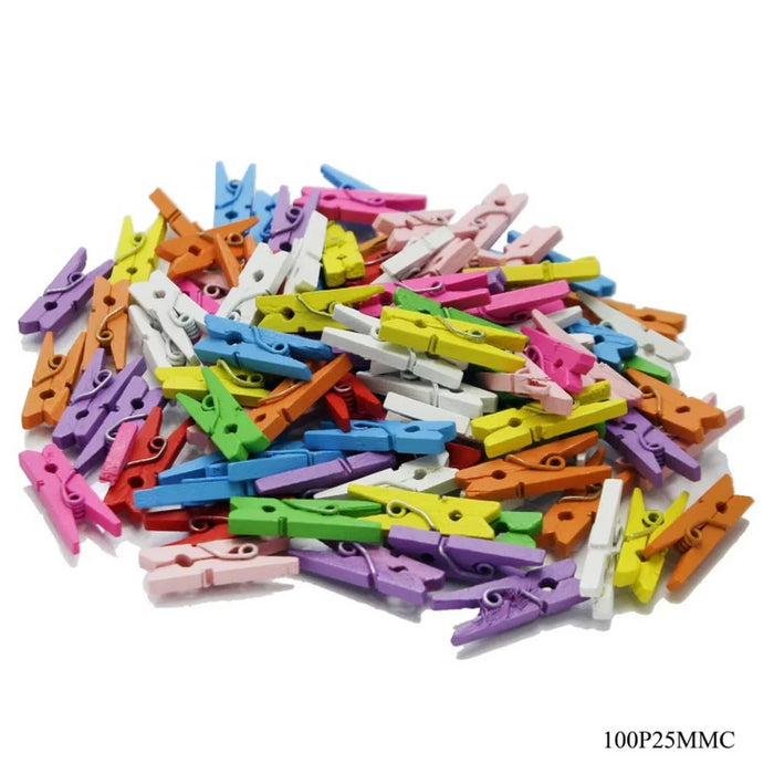 Mini Wonders: Wooden Clip Set - 100 Pcs Small Colourful Clips (25mm)