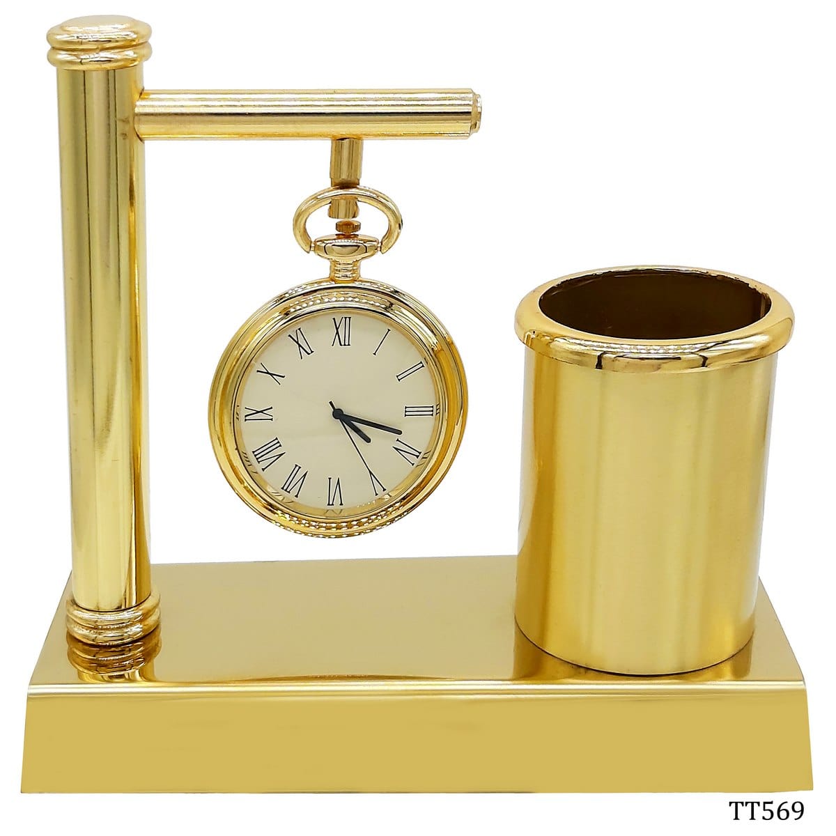 jags-mumbai Clock Making Material Table Top Pen Stand With Clock Full Gold